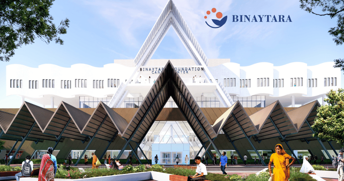 Architectural rendering of the Binaytara Cancer Center with the Binaytara logo, symbolizing a commitment to global oncology and equitable cancer care.