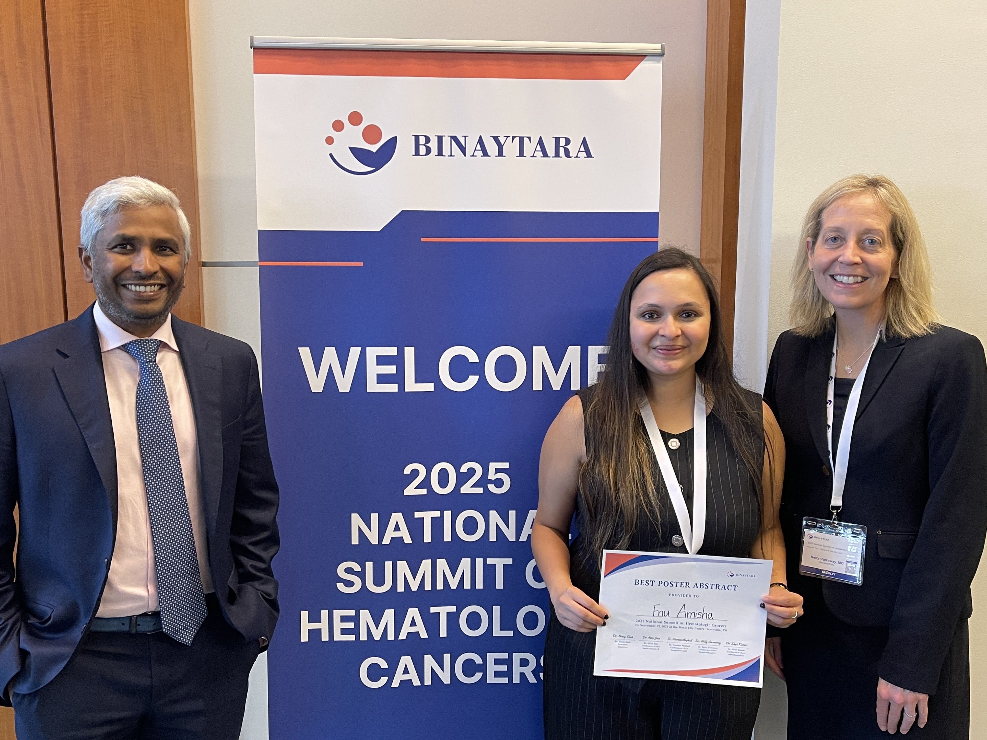 Best Poster Abstract winner holding award certificate at Binaytara’s 2025 National Summit on Hematologic Cancers.