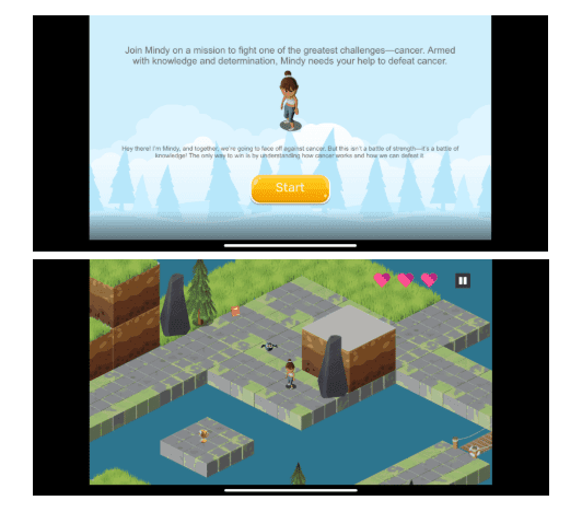 Animated game within OncoBlast featuring the character Mindy who guides users through an educational cancer-fighting mission in a gamified learning environment.
