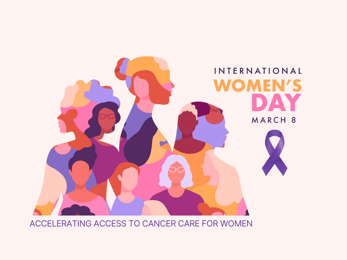 Illustration of diverse women in vibrant colors with a purple ribbon symbolizing cancer awareness, promoting International Women’s Day 2025 and the theme 'Accelerating Access to Cancer Care for Women'.