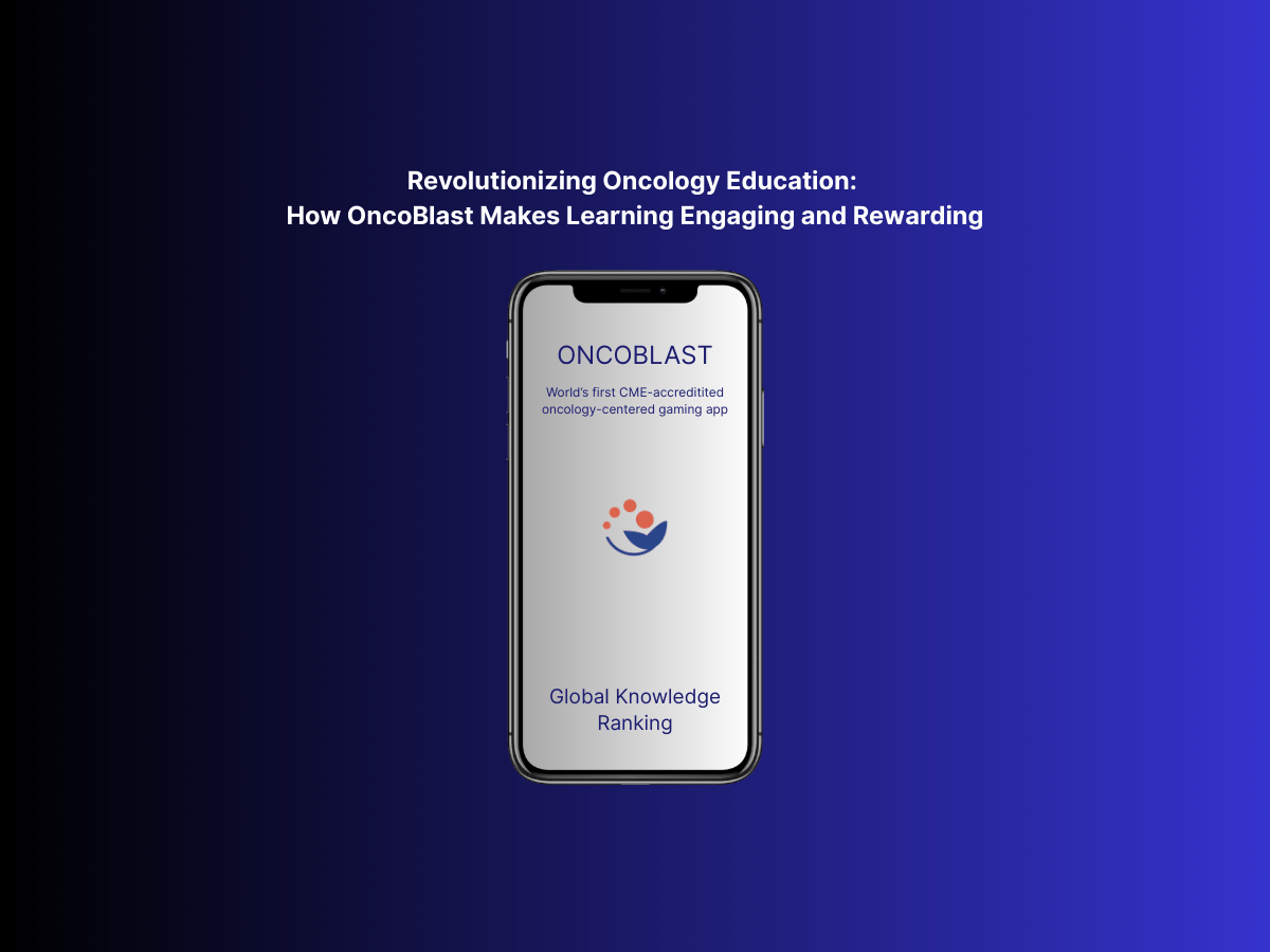 Smartphone mockup displaying OncoBlast, the world’s first CME-accredited oncology-centered gaming app with a global knowledge ranking feature.