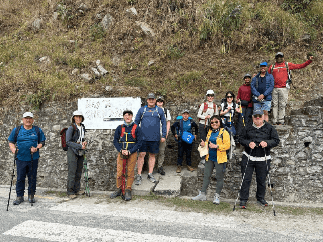 Binaytara trekkers pose at a resting point near Ghandruk on their way to Annapurna Base Camp.