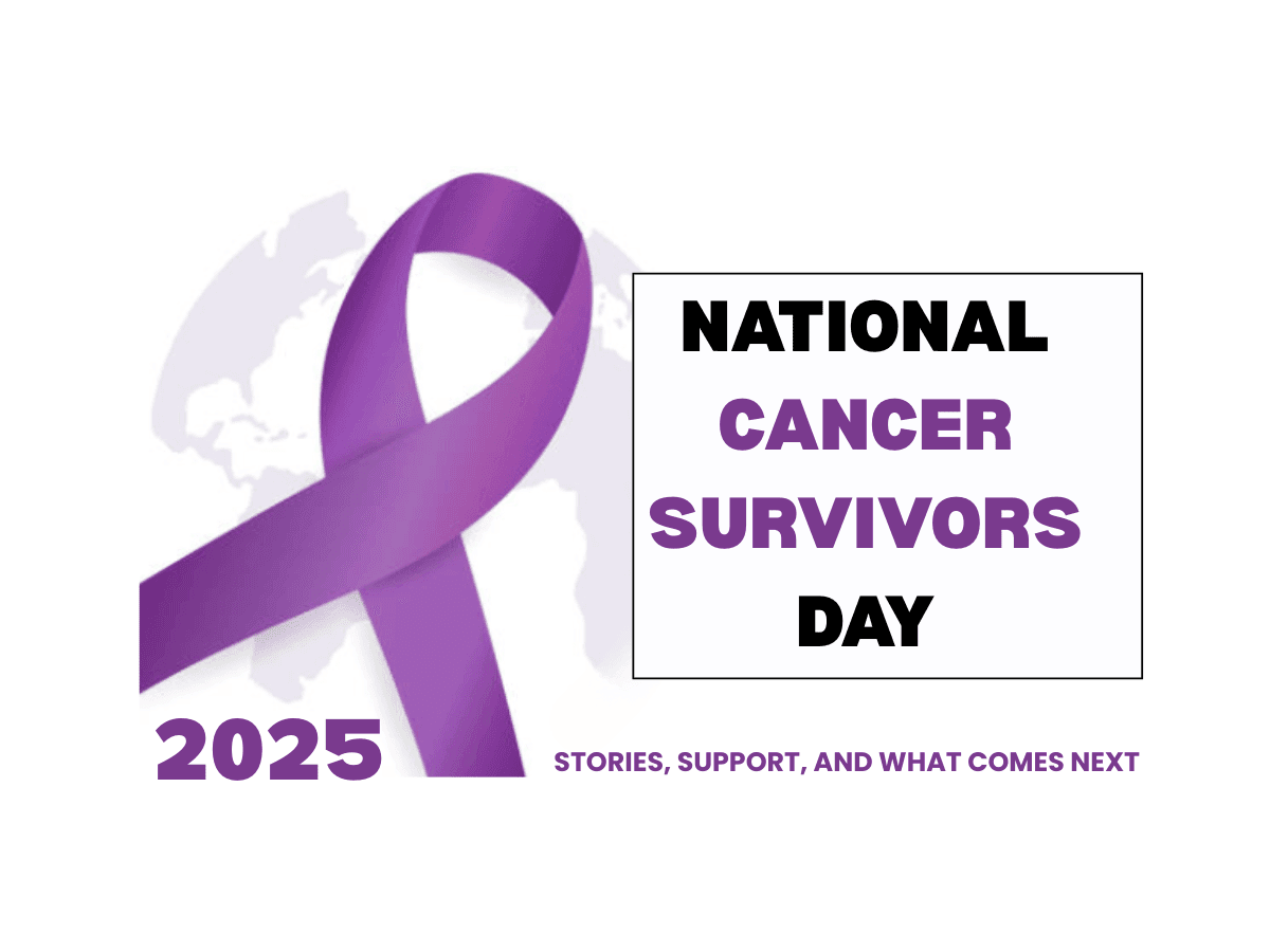 Purple ribbon symbolizing cancer survivorship, overlaid on a world map with bold text reading “National Cancer Survivors Day 2025.