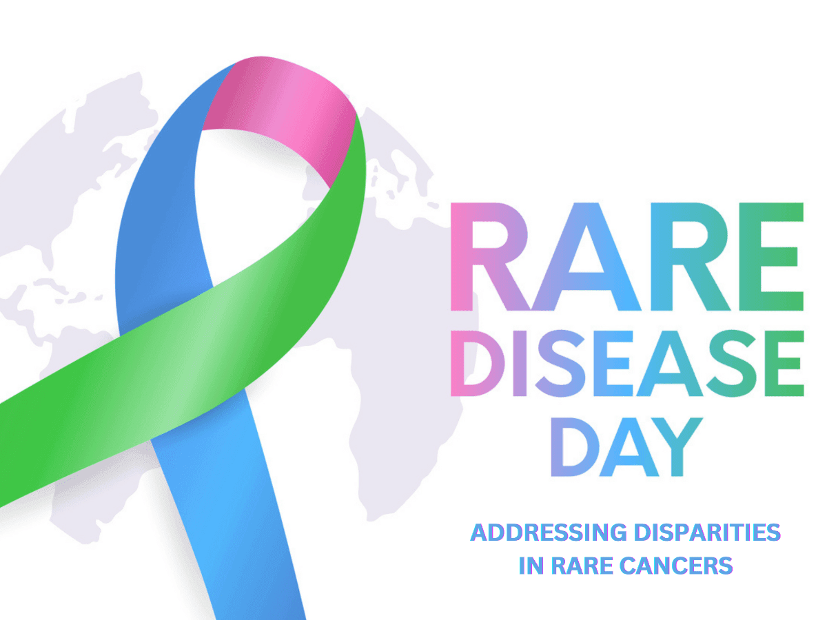 A multicolored ribbon in green, blue, and pink representing Rare Disease Day, with the words "Rare Disease Day and Addressing Disparities In Rare Cancers" written in gradient colors against a subtle world map background.