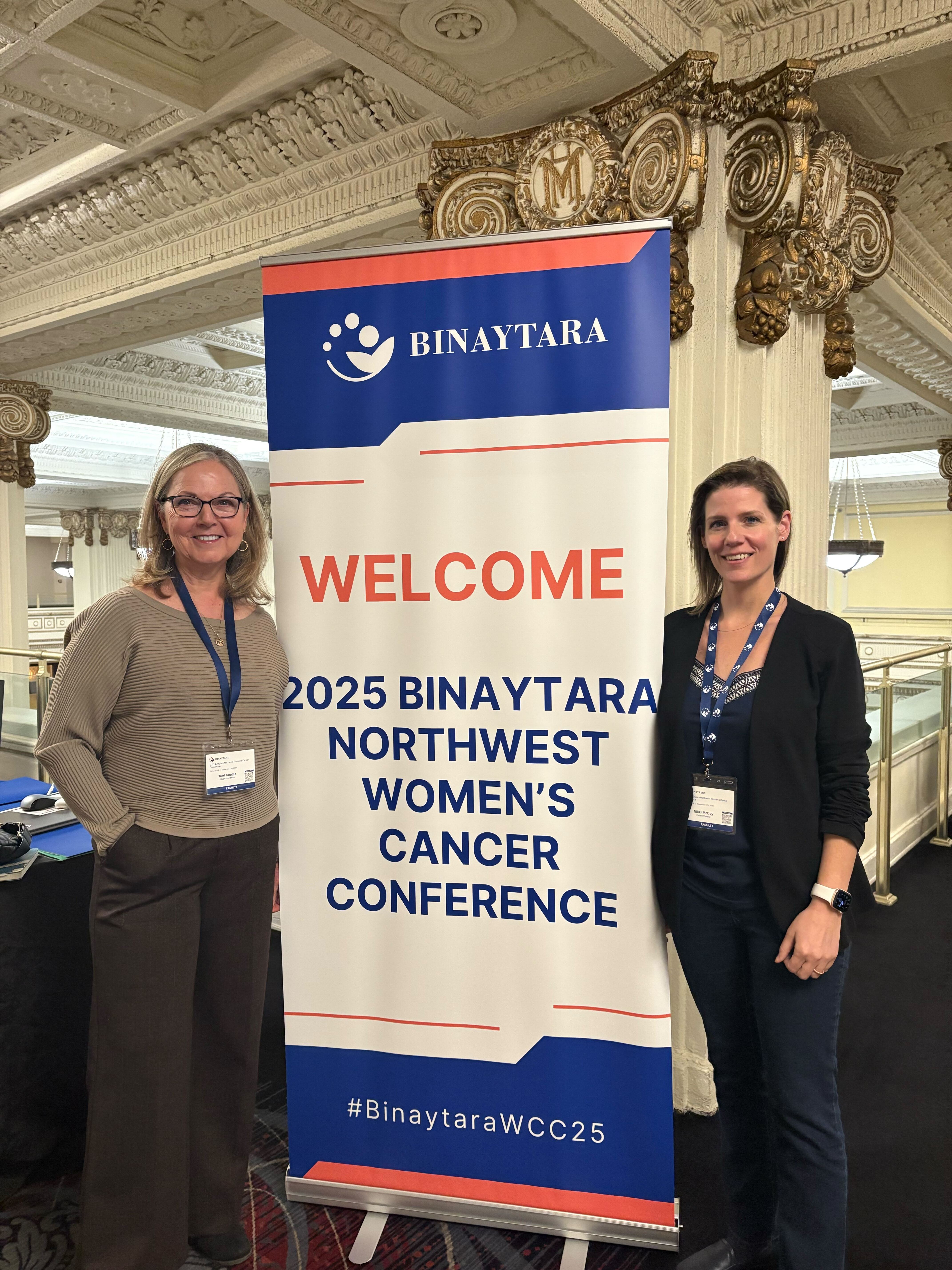 Patient advocates Terri Coutee and Nikki McCoy speaking during the Northwest Women’s Cancer Conference.