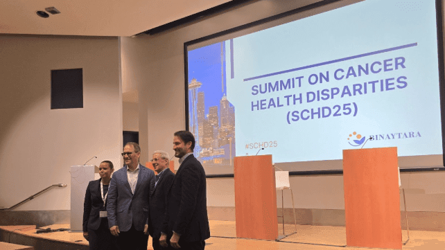 Panelists at SCHD25 gather after debating healthcare affordability and strategies to close cancer health disparities.
