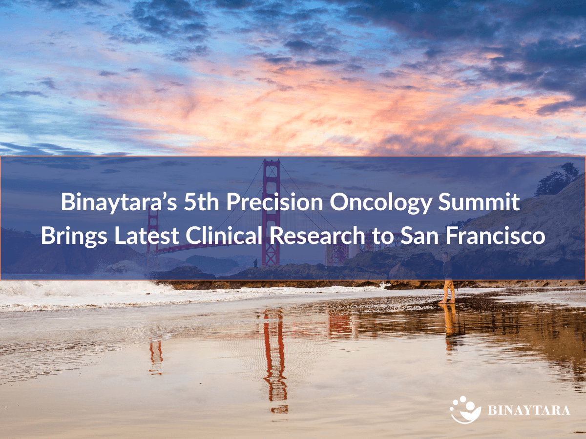 Golden Gate Bridge with text overlay announcing Binaytara’s 5th Precision Oncology Summit in San Francisco.