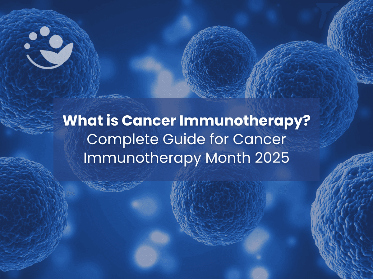 Header graphic with blue immune cells and the title “What is Cancer Immunotherapy? Complete Guide for Cancer Immunotherapy Month 2025,” featuring the Binaytara logo