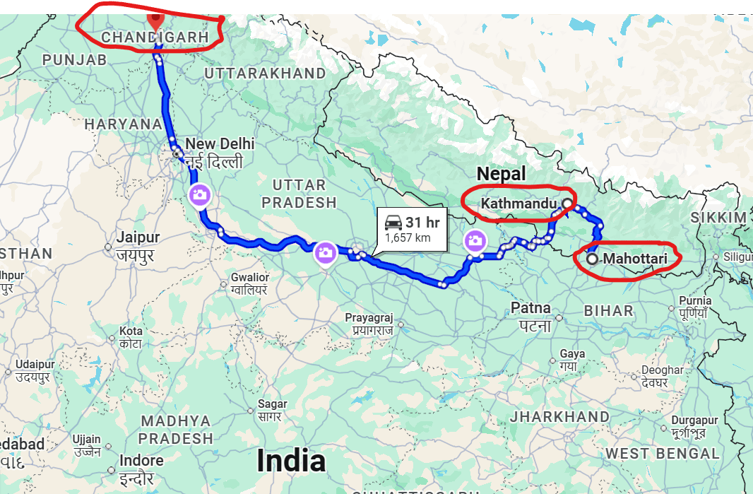 Map showing travel route from Mahottari, Nepal to Kathmandu and Chandigarh for cancer treatment
