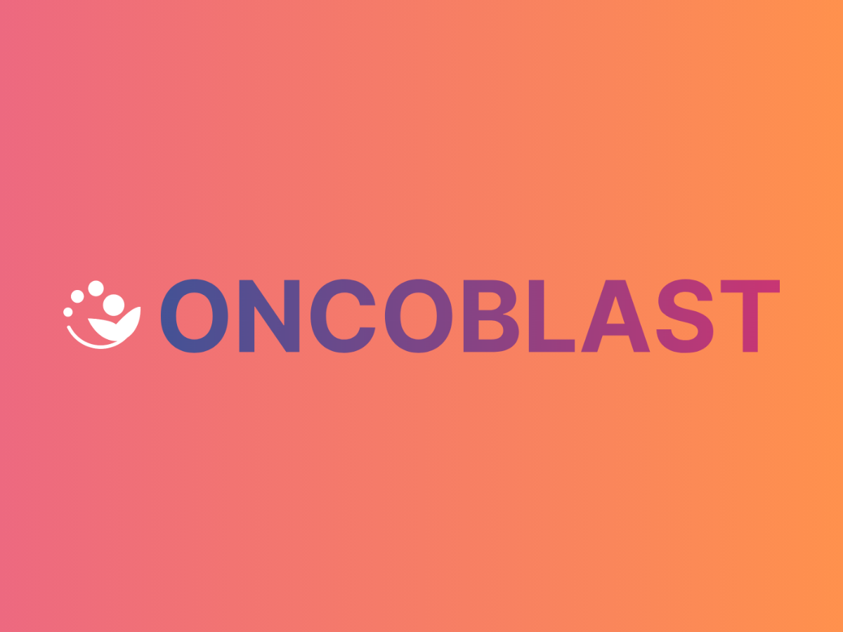 OncoBlast logo displayed on a vibrant pink-to-orange gradient background
